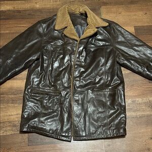 Roundtree & Yorke Dark Brown Leather Jacket with Shearling Collar XLT